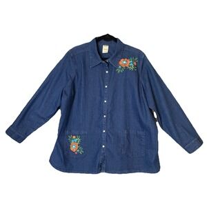Blair Womens 2XL Blue Denim Button Down Shirt Floral Embroidered Long Sleeve Top
